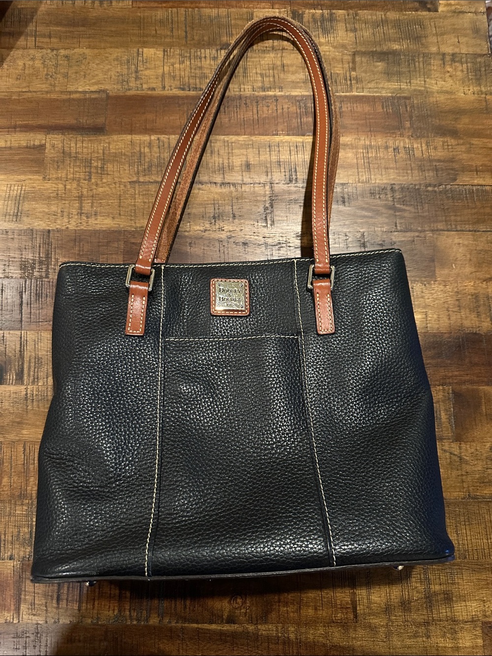 Dooney & Bourke Lexington Small Black Pebbled Leather Tote with Brown Handles